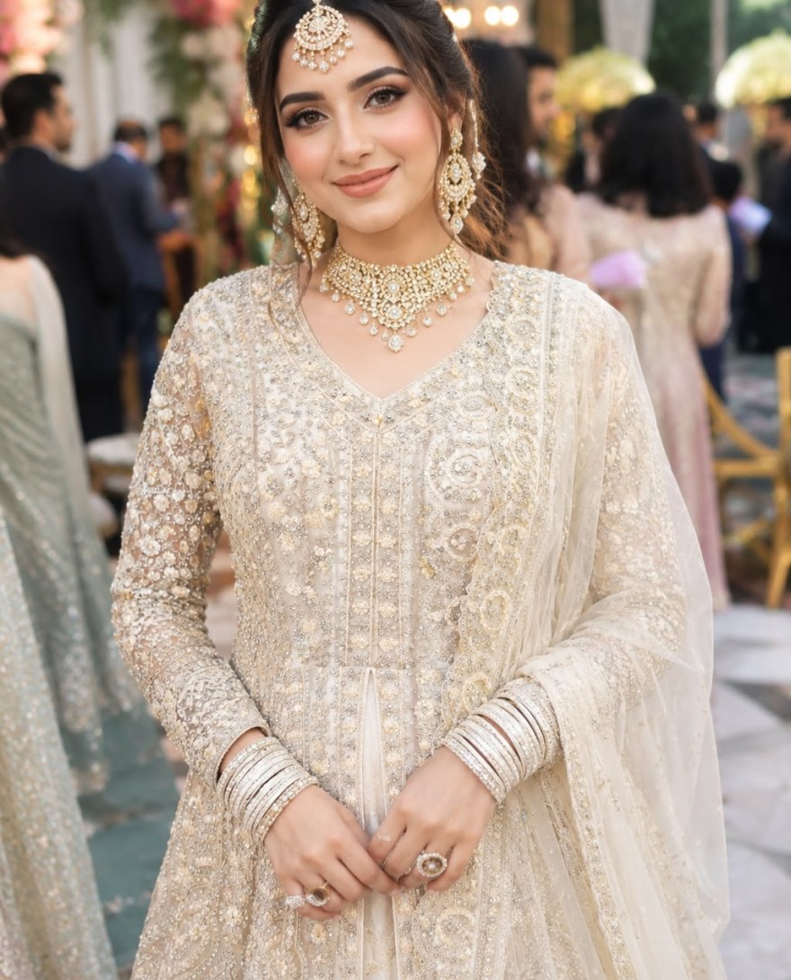 Off White - Off White Net Readymade Lehenga Choli with Diamond, Embroidered and Sequins Work